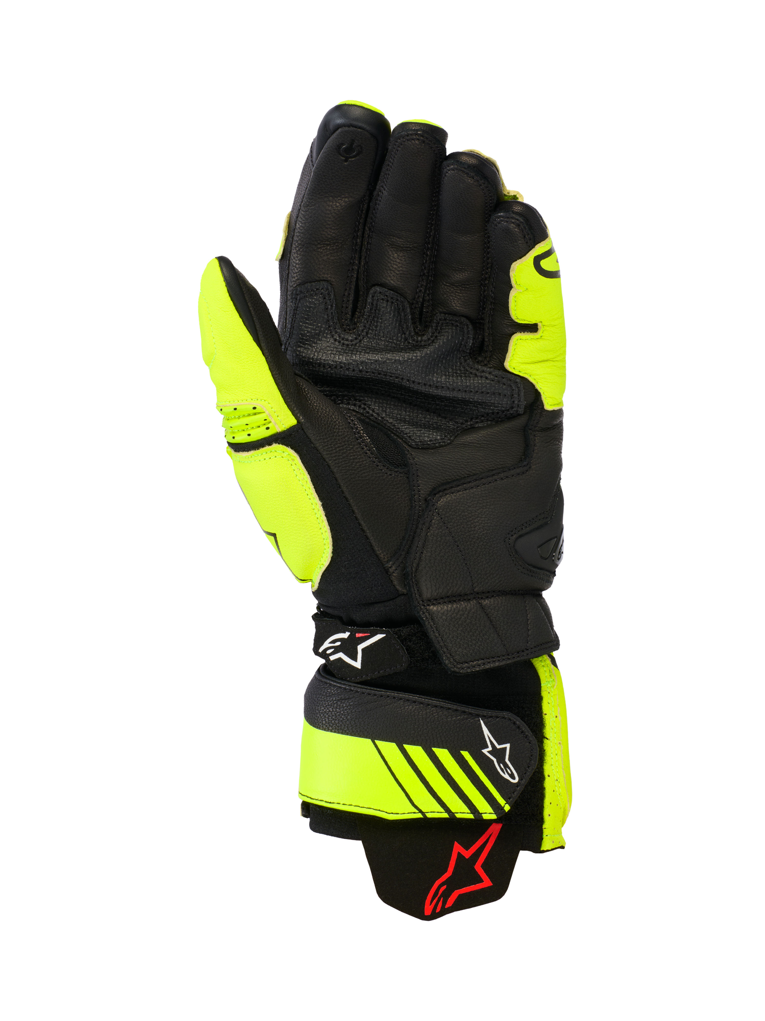 Gants en cuir Alpinestars GP Plus R V3, gants de moto racing et sport, jaune fluo et noir, vue de la paume montrant la construction en cuir, zones de préhension renforcées et sangles de manchette réglables avec logo Alpinestars, équipement de piste haute performance