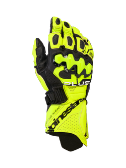 Alpinestars GP Plus R V3 Lederhandschuhe, Motorradrennhandschuhe, Gelb Fluo und Schwarz, mit harten Knöchelprotektoren, perforierten Belüftungszonen und sicherem Manschettenverschluss mit markantem Branding.