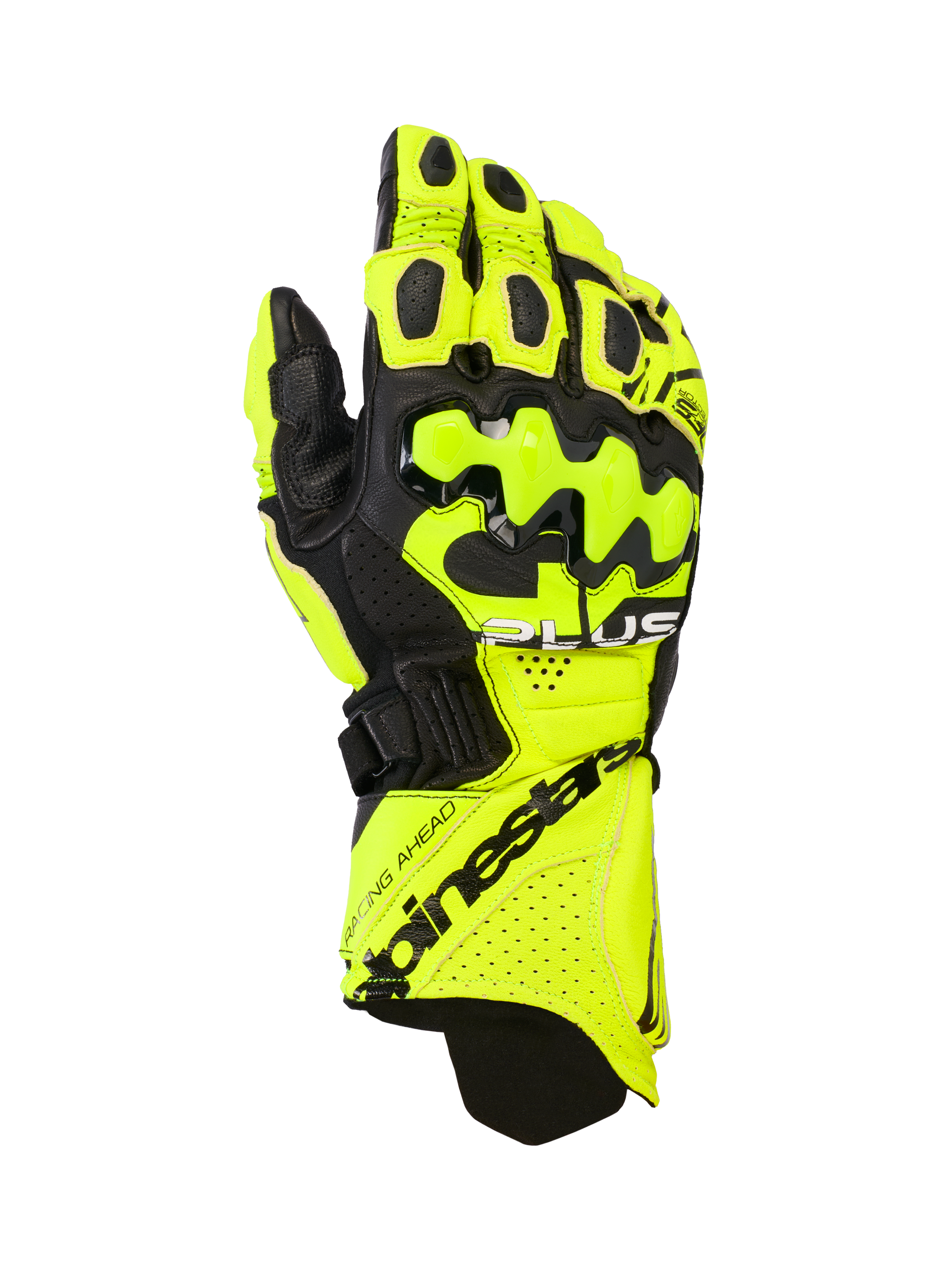 Alpinestars GP Plus R V3, gants de course moto en cuir, jaune fluo et noir, avec protections rigides aux articulations, zones de ventilation perforées et fermeture sécurisée de la manchette avec logo distinctif