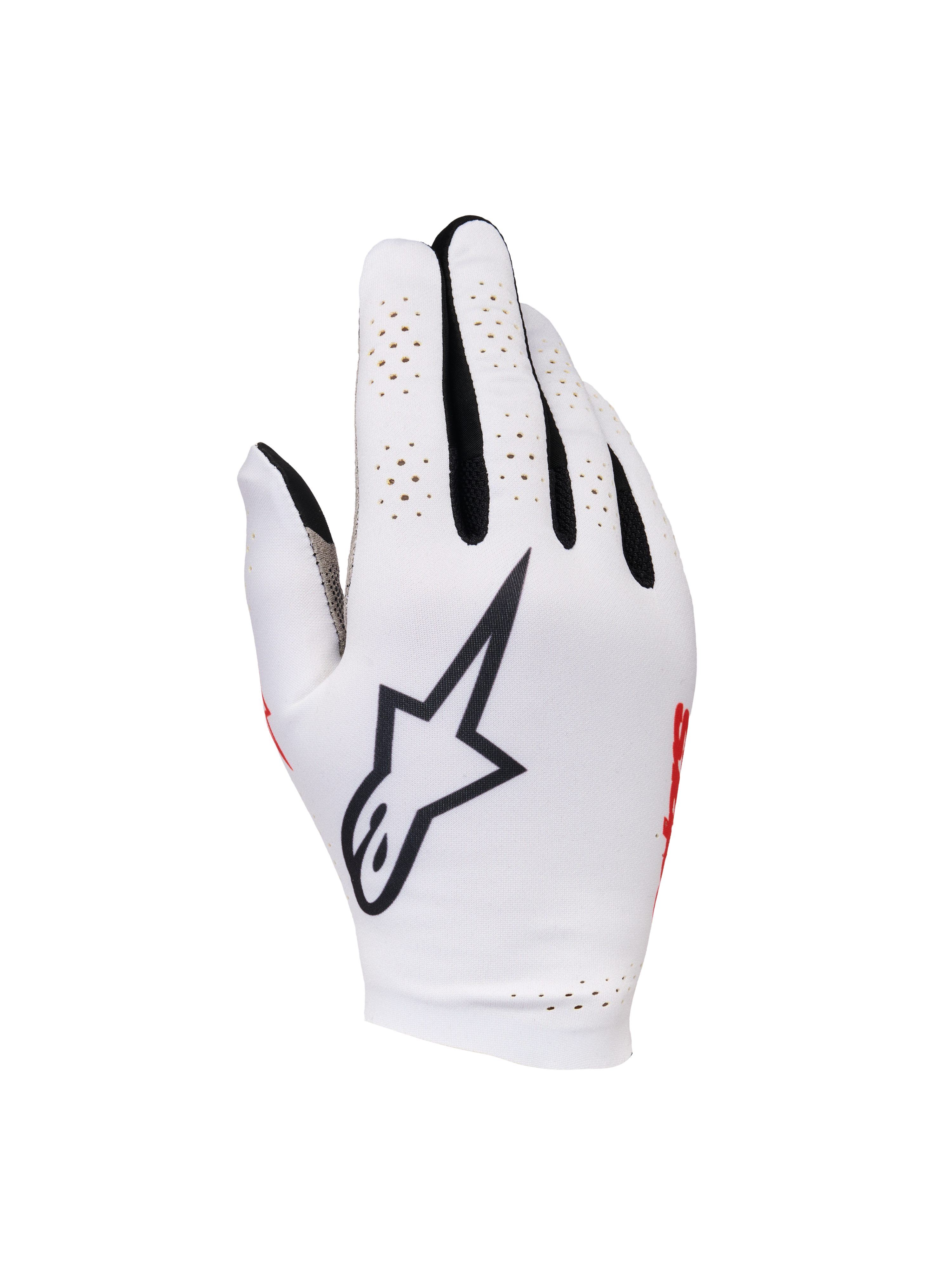 Alpinestars Sim Gloves Graphic 1, gants de SIM racing, Silver Ice avec accents noirs et rouges, avec un logo étoile noir proéminent sur le revers, des panneaux de doigts perforés pour la ventilation et une conception en textile léger pour la précision de jeu.