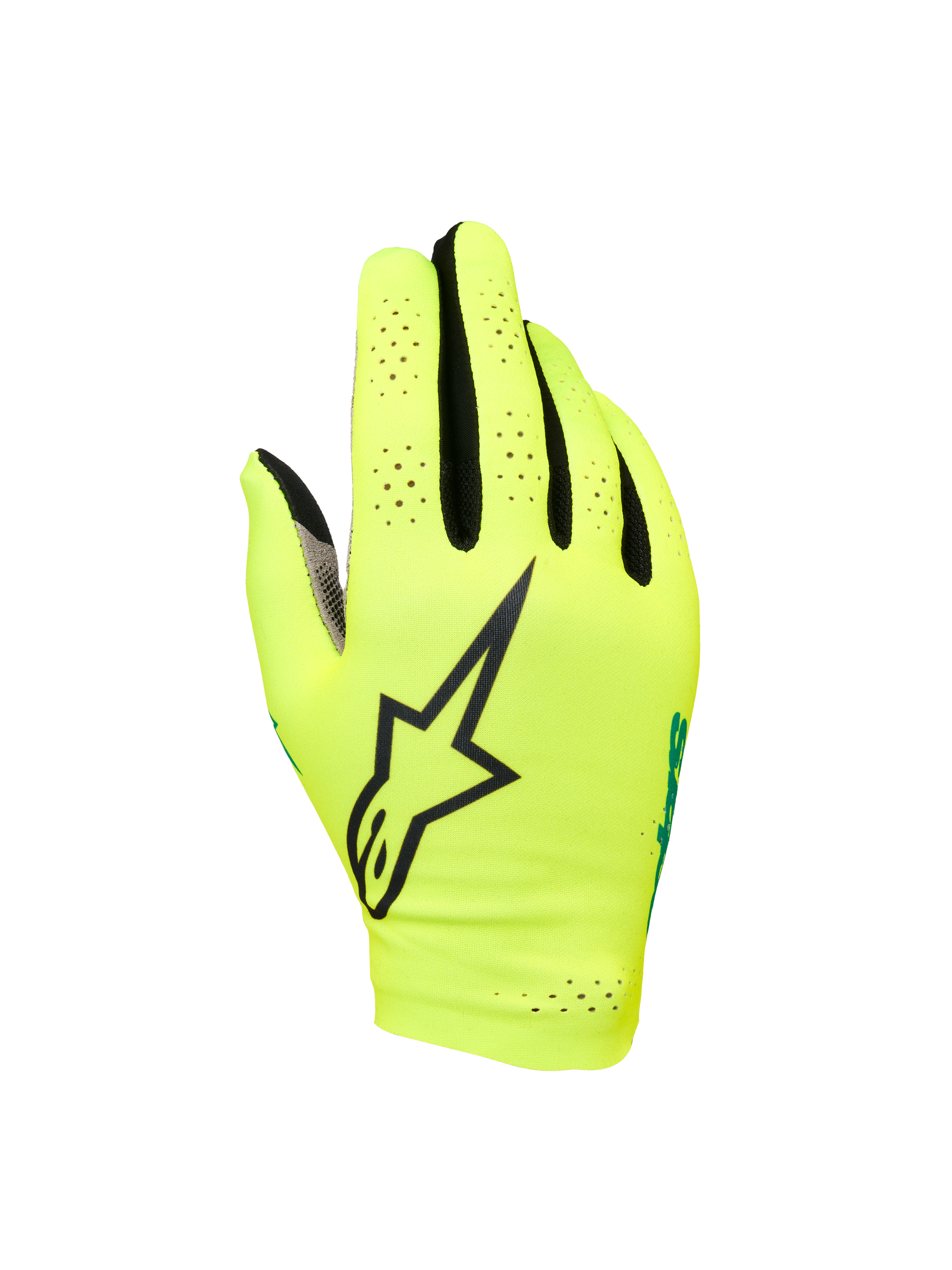 Alpinestars Sim Gloves Graphic 1, gants de SIM racing, jaune fluo et noir avec accents turquoise, grand logo étoile noir, matériau extensible léger perforé pour la ventilation, design à manchette courte pour la précision de jeu