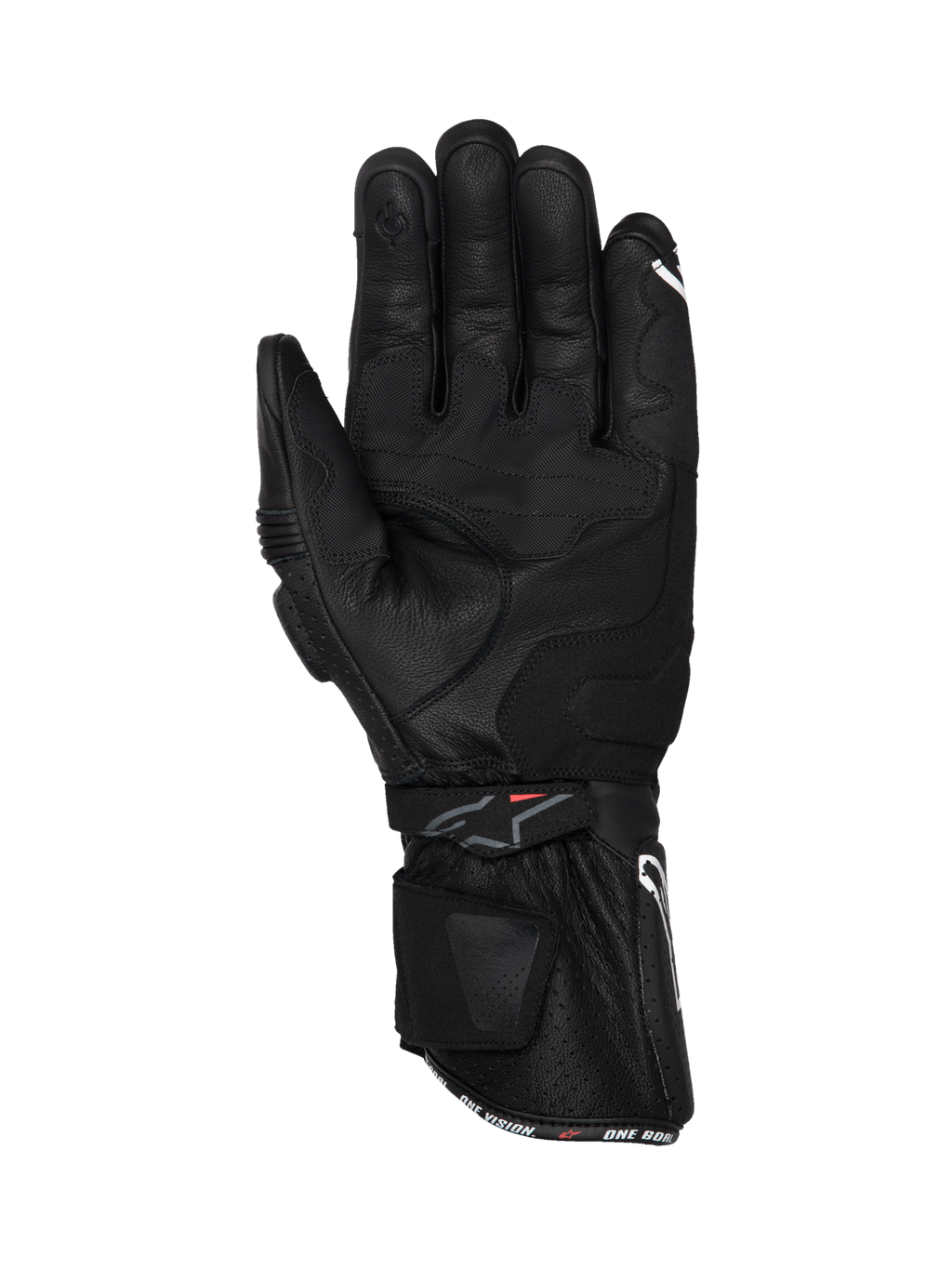 Gants Alpinestars SP-3, gants de moto racing en cuir noir, vue de la paume avec manchette longue et grip renforcé pour la route.