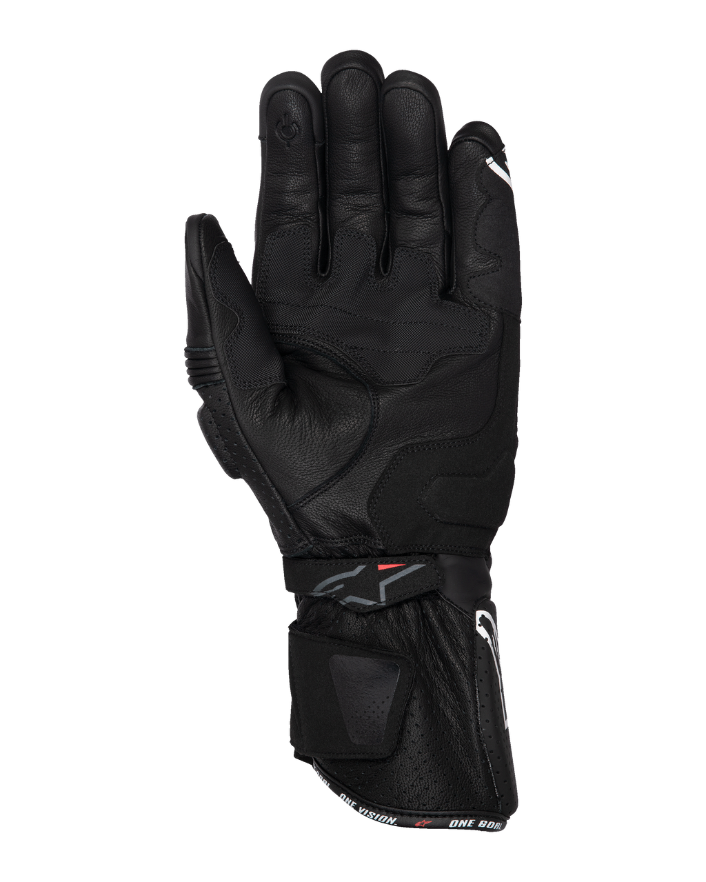 Alpinestars SP-3 handschoenen, zwarte motorhandschoenen, handpalmweergave met volledig lederen constructie, lange manchet met dubbel sluitsysteem, gripversterkingen op de handpalm en touchscreen-compatibele vingertop, race-geïnspireerde weguitrusting