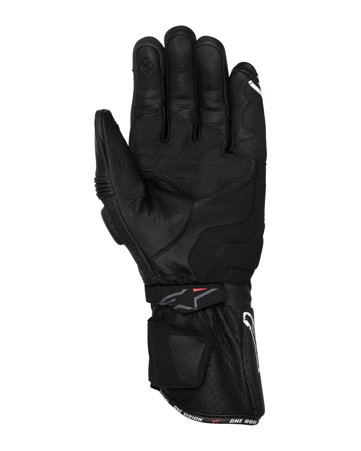 Alpinestars SP-3 handschoenen, zwarte motorhandschoenen, handpalmweergave met volledig lederen constructie, lange manchet met dubbel sluitsysteem, gripversterkingen op de handpalm en touchscreen-compatibele vingertop, race-geïnspireerde weguitrusting