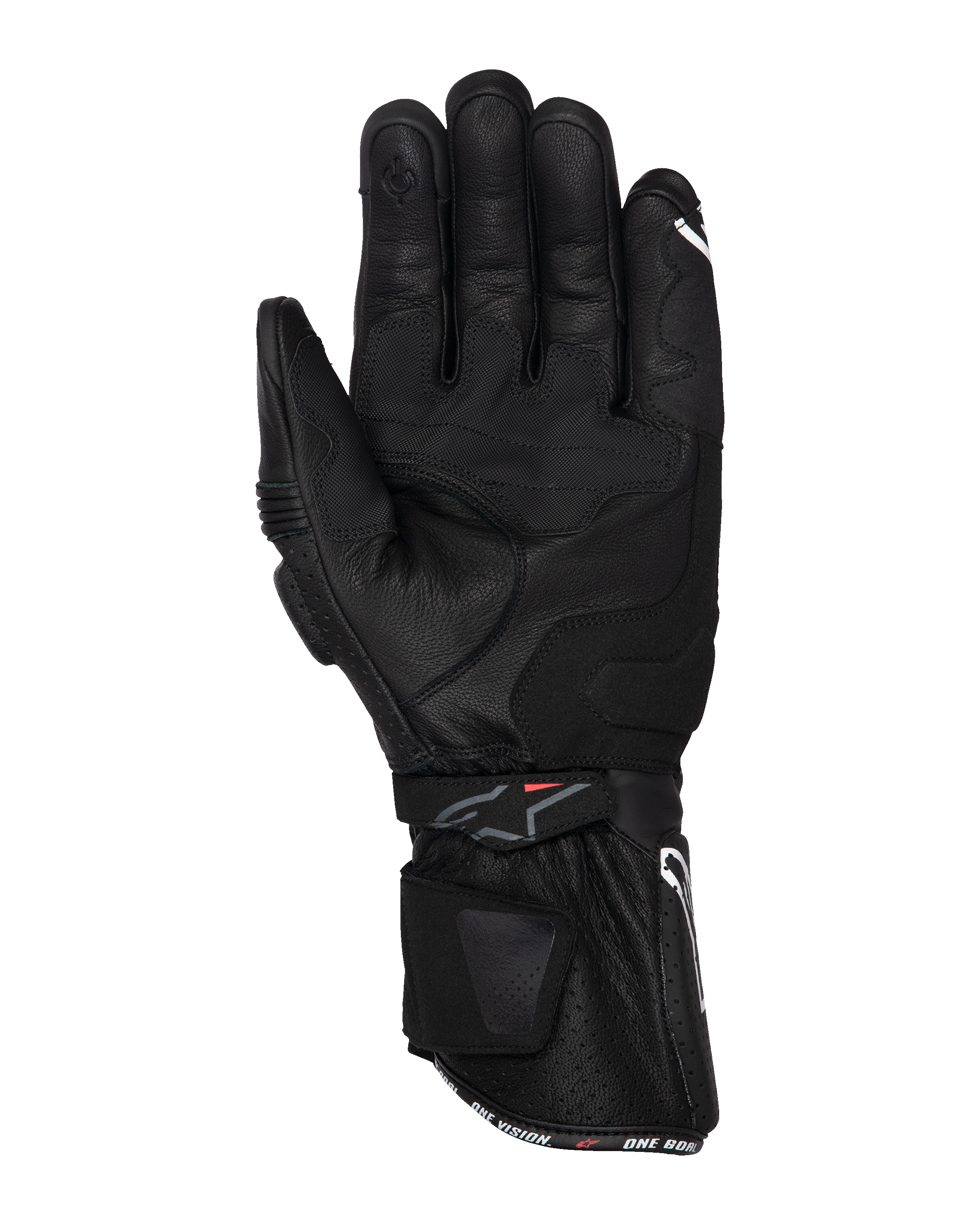 Alpinestars SP-3 handschoenen, zwarte motorhandschoenen, handpalmweergave met volledig lederen constructie, lange manchet met dubbel sluitsysteem, gripversterkingen op de handpalm en touchscreen-compatibele vingertop, race-geïnspireerde weguitrusting