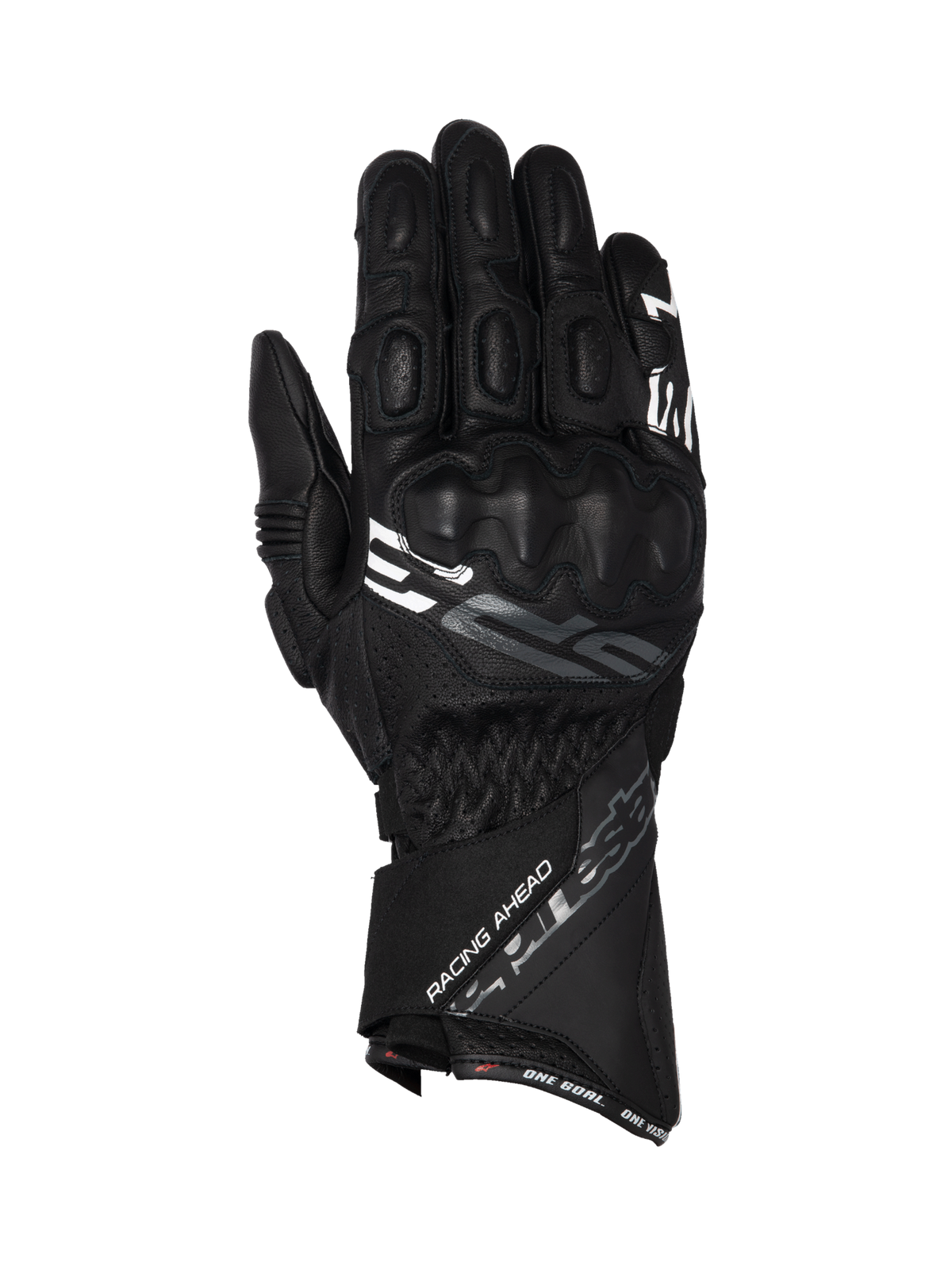 Alpinestars SP-3 black goat leather motorcycle racing gloves with a long cuff and integrated knuckle protection.