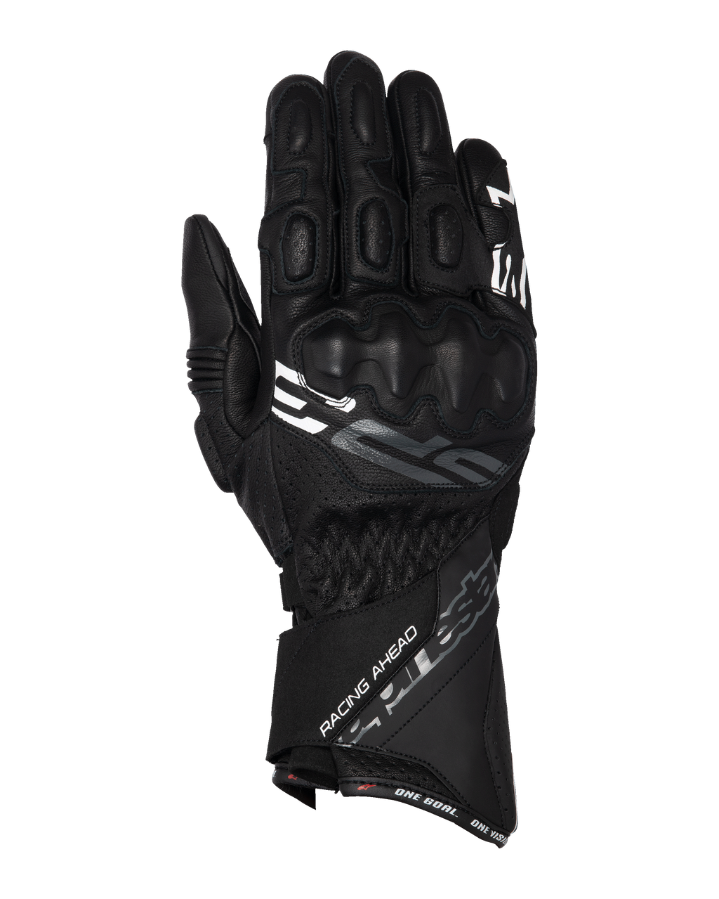 Alpinestars SP-3 handschoenen, motorracehandschoenen met lange manchet, zwart met witte en grijze accenten, PU-bedekte knokkelbescherming, constructie van getextureerd leer met geperforeerde details, verstelbare polsband met manchet
