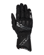 Alpinestars SP-3 handschoenen, motorracehandschoenen met lange manchet, zwart met witte en grijze accenten, PU-bedekte knokkelbescherming, constructie van getextureerd leer met geperforeerde details, verstelbare polsband met manchet