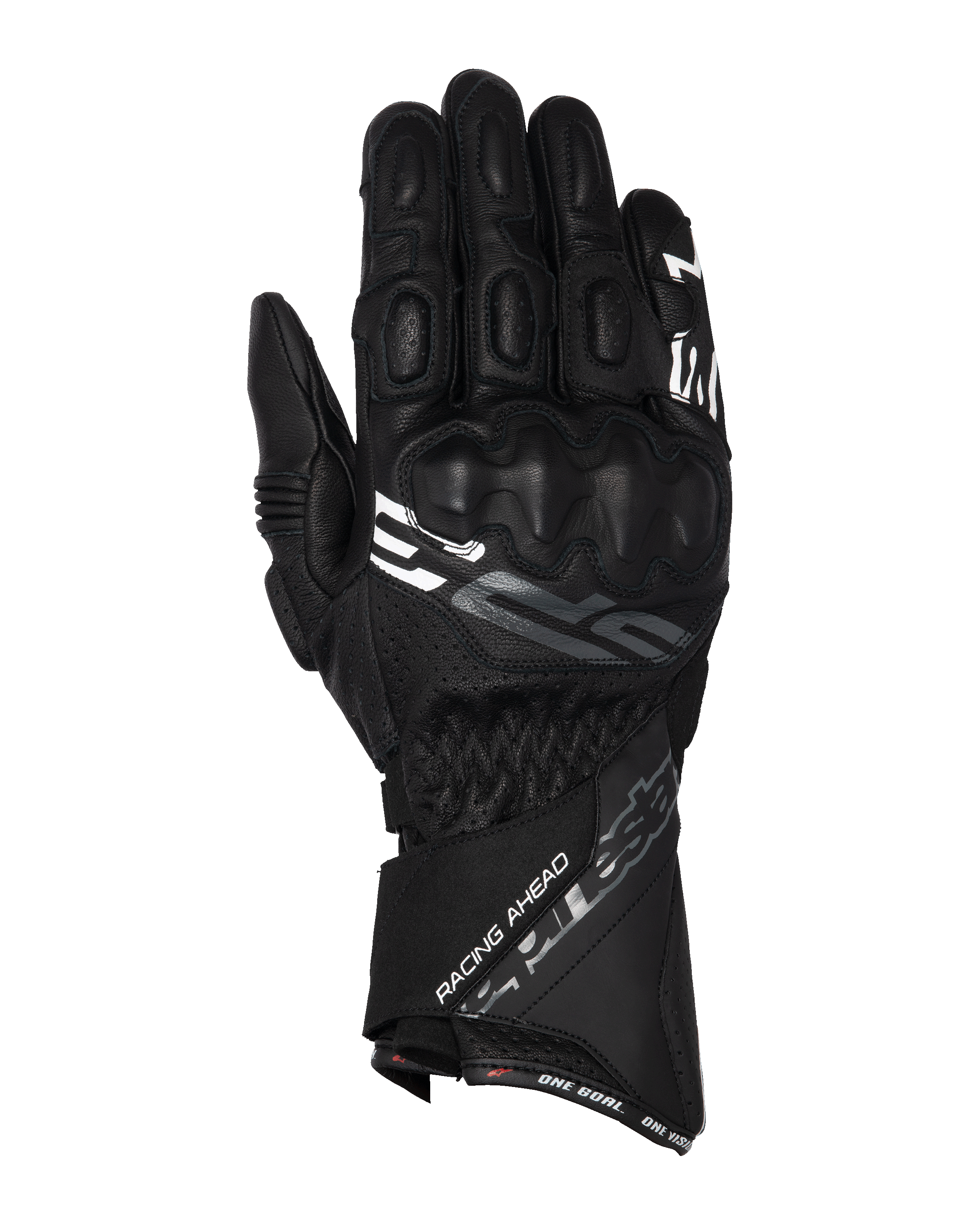 Alpinestars SP-3 handschoenen, motorracehandschoenen met lange manchet, zwart met witte en grijze accenten, PU-bedekte knokkelbescherming, constructie van getextureerd leer met geperforeerde details, verstelbare polsband met manchet