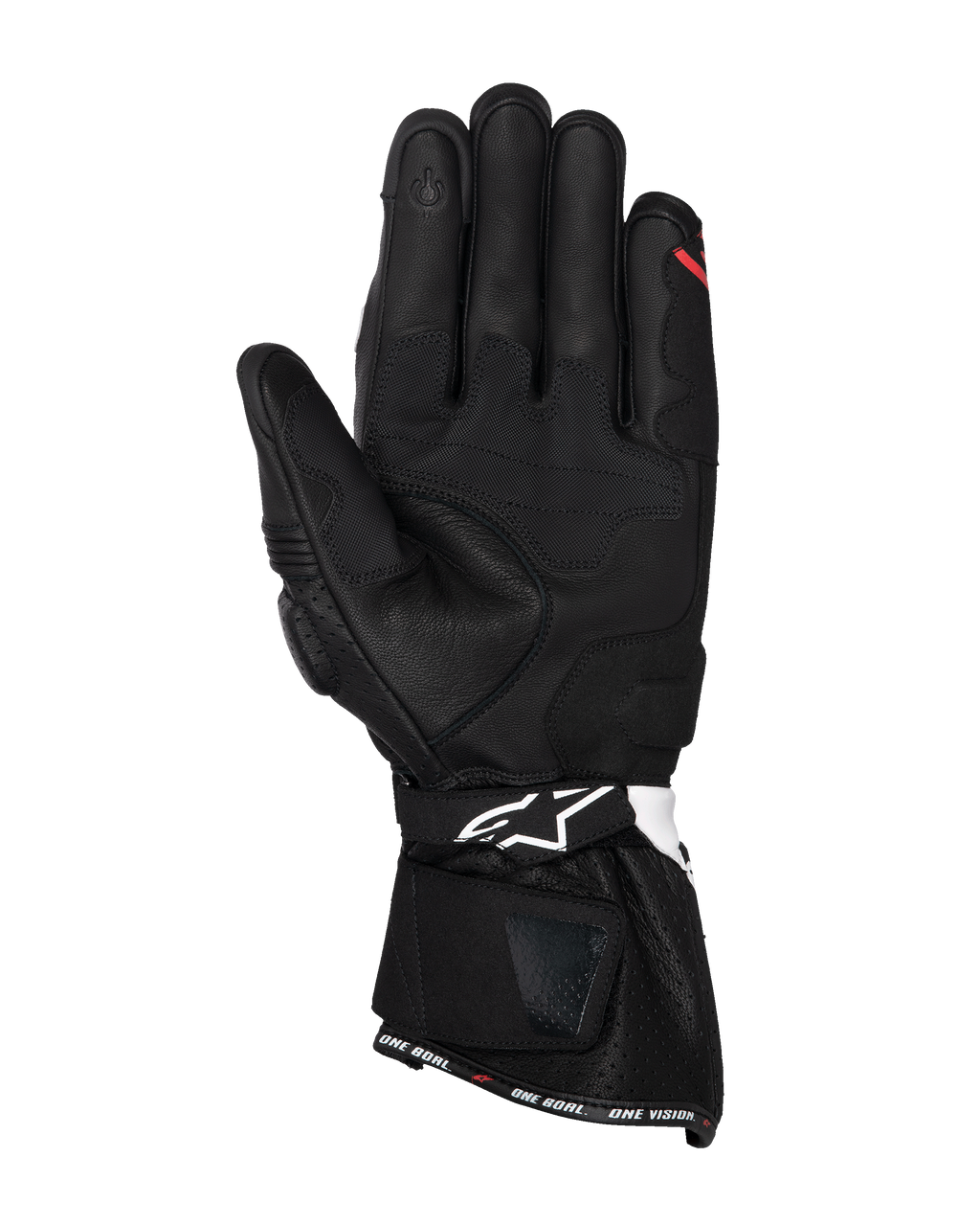 Gants Alpinestars SP-3, gants de moto en cuir noir, vue de la paume avec panneaux de préhension renforcés, index compatible avec les écrans tactiles, manchette longue avec logo blanc sur la sangle de poignet et marquage « ONE GOAL. ONE VISION. » sur l'ourlet.