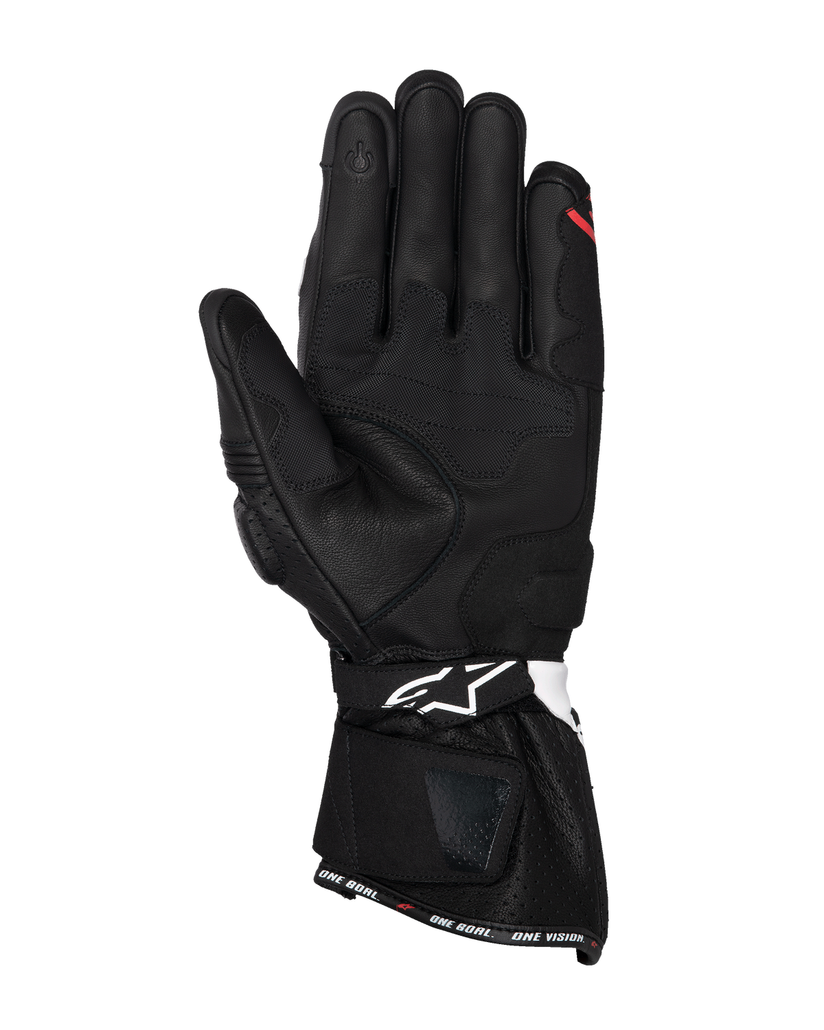 Gants Alpinestars SP-3, gants de moto en cuir noir, vue de la paume avec panneaux de préhension renforcés, index compatible avec les écrans tactiles, manchette longue avec logo blanc sur la sangle de poignet et marquage « ONE GOAL. ONE VISION. » sur l'ourlet.