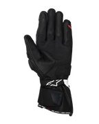 Gants Alpinestars SP-3, gants de moto en cuir noir, vue de la paume avec panneaux de préhension renforcés, index compatible avec les écrans tactiles, manchette longue avec logo blanc sur la sangle de poignet et marquage « ONE GOAL. ONE VISION. » sur l'ourlet.