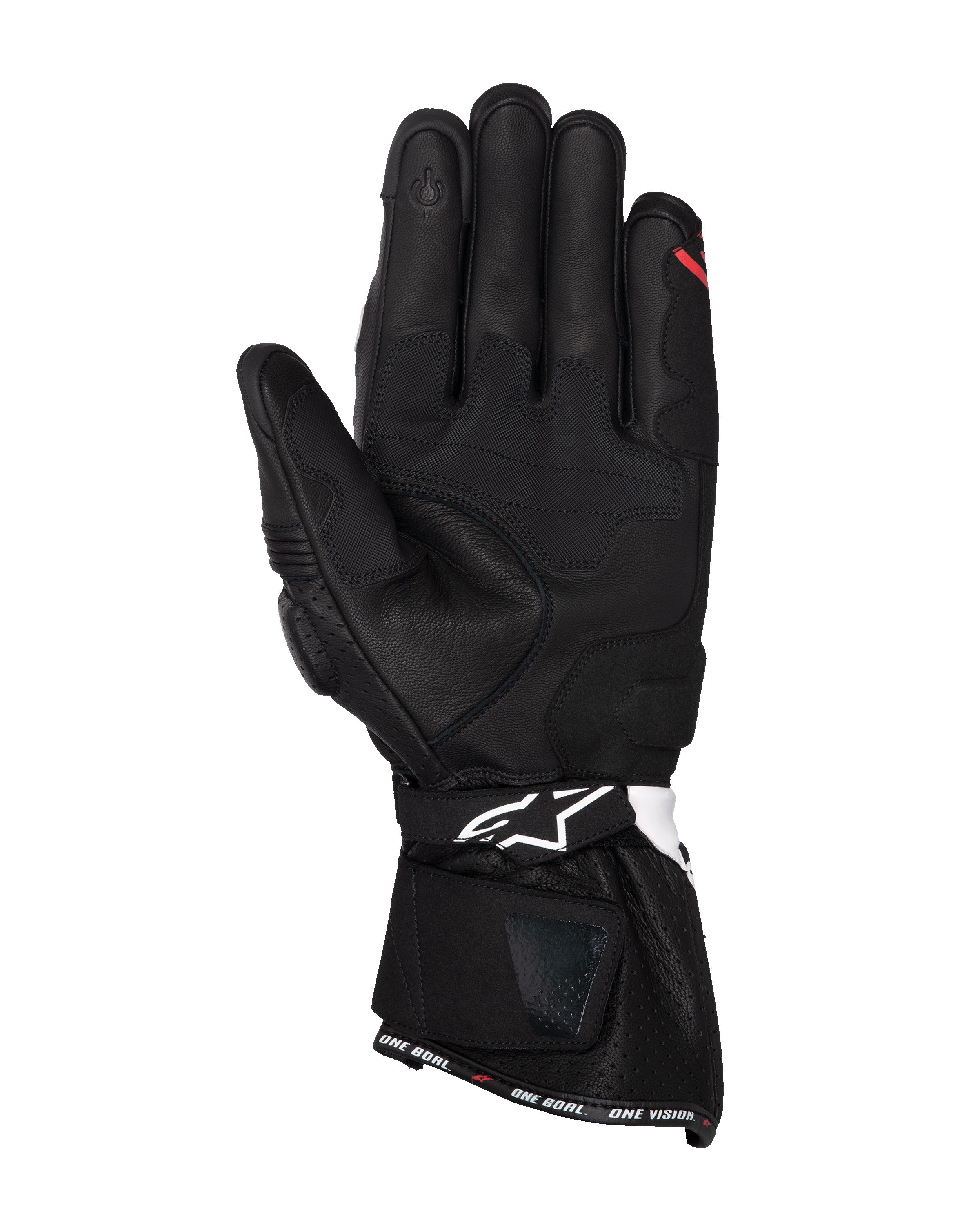 Gants Alpinestars SP-3, gants de moto en cuir noir, vue de la paume avec panneaux de préhension renforcés, index compatible avec les écrans tactiles, manchette longue avec logo blanc sur la sangle de poignet et marquage « ONE GOAL. ONE VISION. » sur l'ourlet.