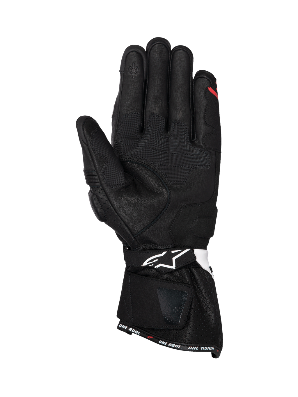 Alpinestars SP-3 handschoenen, heren-motorhandschoenen voor racing, zwart met witte en rode accenten, handpalmweergave met touchscreen-compatibele tip en lederen constructie.