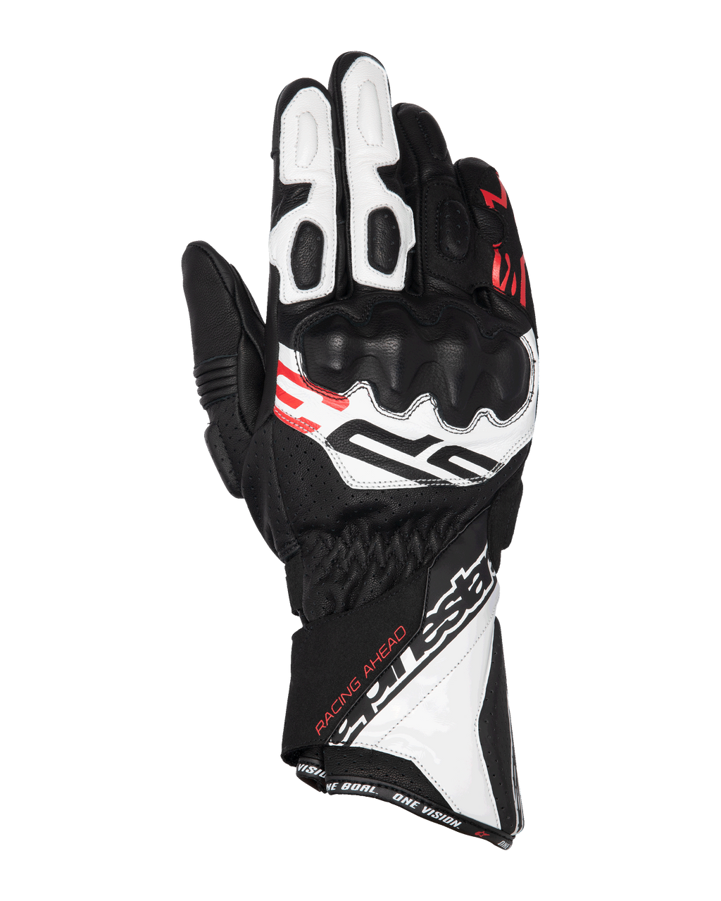 Gants Alpinestars SP-3, gants de course de moto, noir, blanc et rouge fluo, design à manchette longue avec protection renforcée des articulations, construction en cuir perforé, avec l'inscription « Racing Ahead » et marquage Alpinestars distinctif
