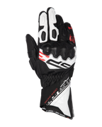 Gants Alpinestars SP-3, gants de course de moto, noir, blanc et rouge fluo, design à manchette longue avec protection renforcée des articulations, construction en cuir perforé, avec l'inscription « Racing Ahead » et marquage Alpinestars distinctif
