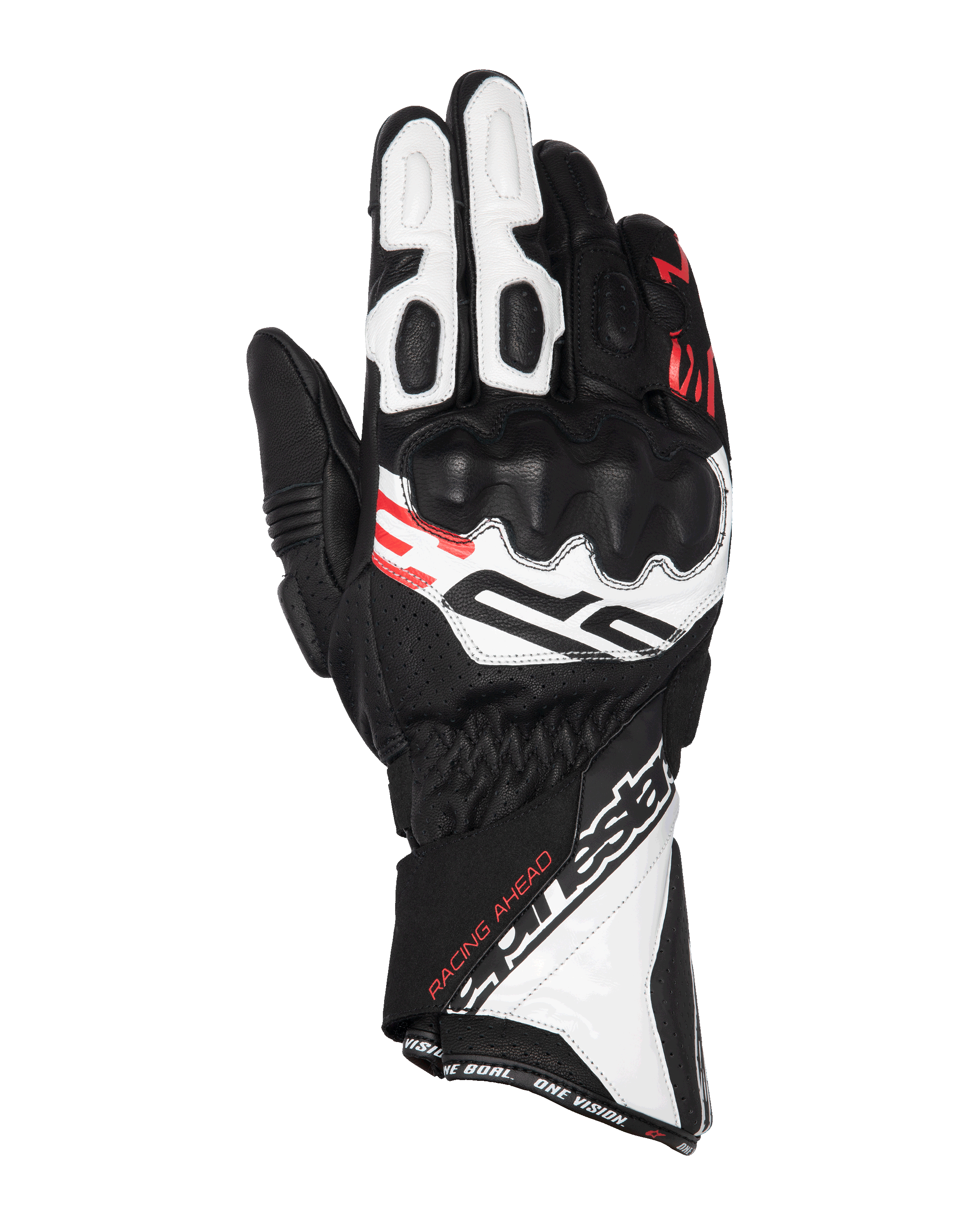 Gants Alpinestars SP-3, gants de course de moto, noir, blanc et rouge fluo, design à manchette longue avec protection renforcée des articulations, construction en cuir perforé, avec l'inscription « Racing Ahead » et marquage Alpinestars distinctif