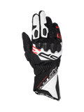 Alpinestars SP-3 motorhandschoenen van zwart, wit en rood leer met CE-gecertificeerde knokkelbescherming.