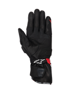 Alpinestars SP-3 Gloves, black leather motorcycle racing gloves with red and white accents, featuring palm grip inserts.