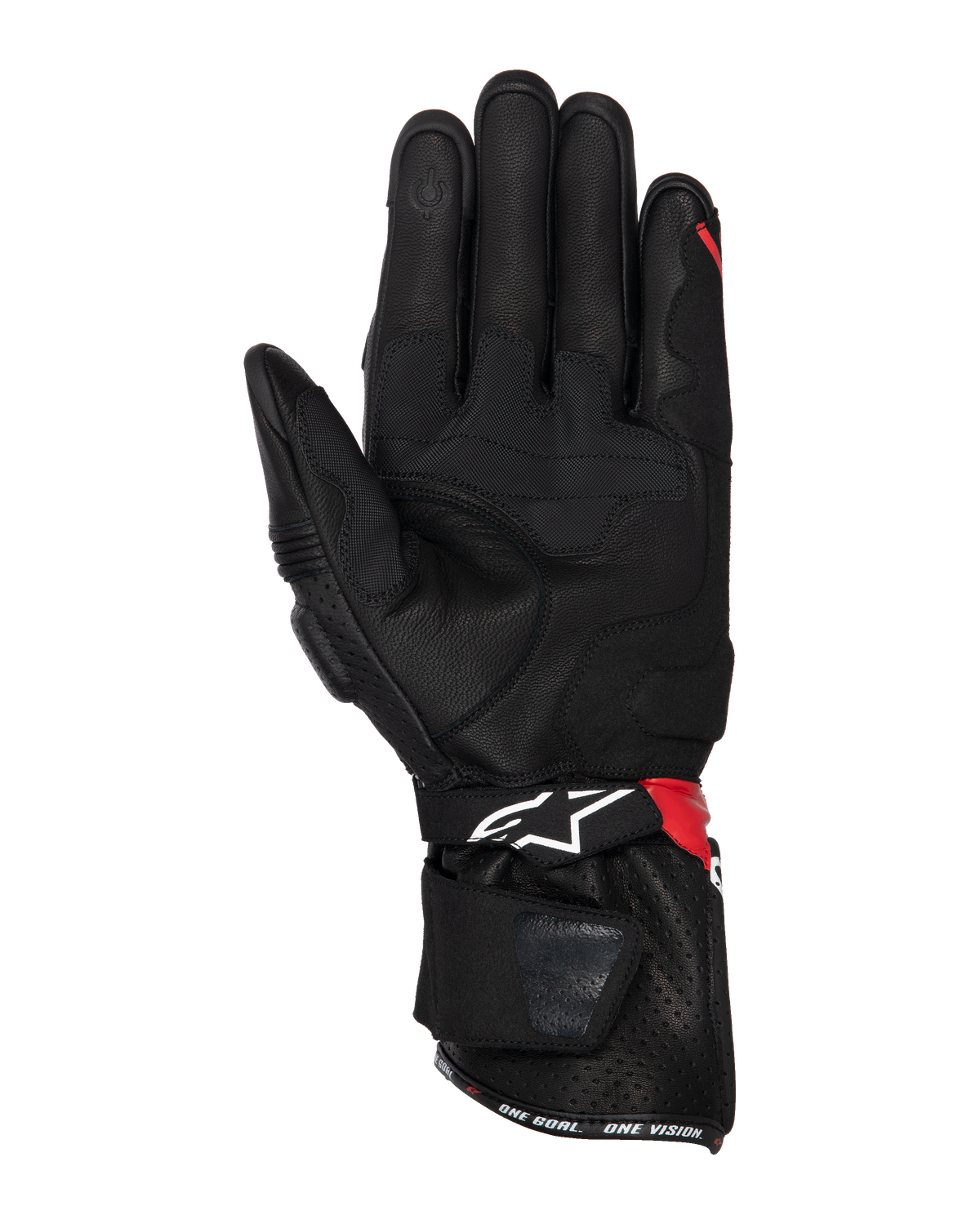 Alpinestars SP-3 Handschuhe, Motorradhandschuhe, Schwarz, Leuchtendes Rot und Weiß, Innenhandansicht mit Lederkonstruktion und Grip-Verstärkungen, touchscreen-kompatible Fingerspitze, lange Stulpe mit weißem Logo und roten Akzenten, Sport- und Renndesign.