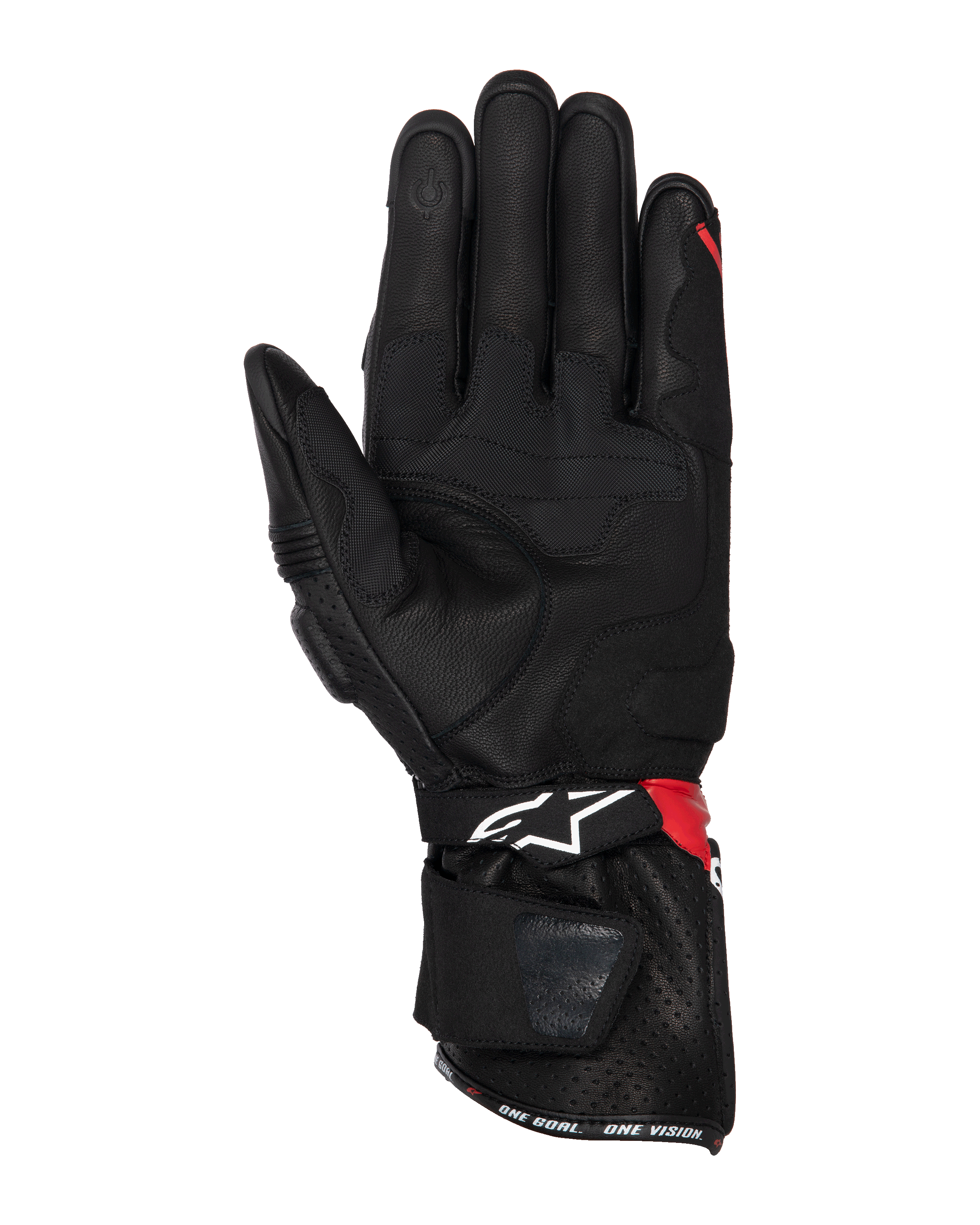 Gants Alpinestars SP-3, gants de moto, noir, rouge vif et blanc, vue de la paume montrant la construction en cuir avec renforts d'adhérence, bout du doigt compatible avec les écrans tactiles, manchette longue avec logo blanc et accents rouges, design sportif et racing