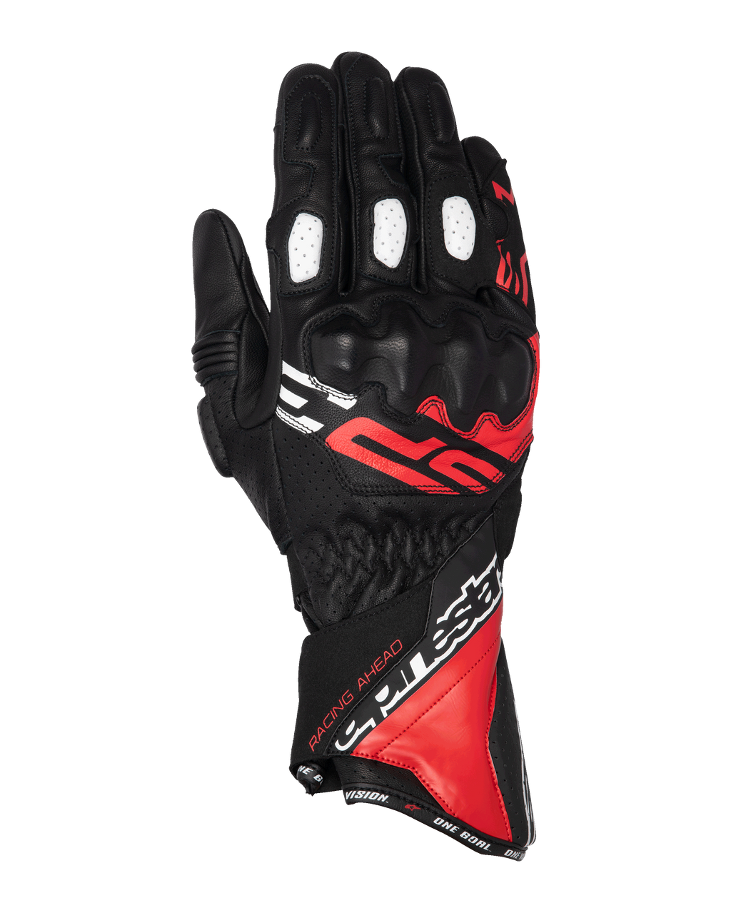 Gants Alpinestars SP-3, gants de moto racing à manchette longue, noirs avec accents rouge vif et blancs, protection des articulations recouverte de PU, panneaux de doigts perforés blancs, design inspiré de la course avec marquage audacieux, construction durable en cuir de chèvre