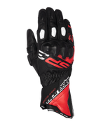 Gants Alpinestars SP-3, gants de moto racing à manchette longue, noirs avec accents rouge vif et blancs, protection des articulations recouverte de PU, panneaux de doigts perforés blancs, design inspiré de la course avec marquage audacieux, construction durable en cuir de chèvre