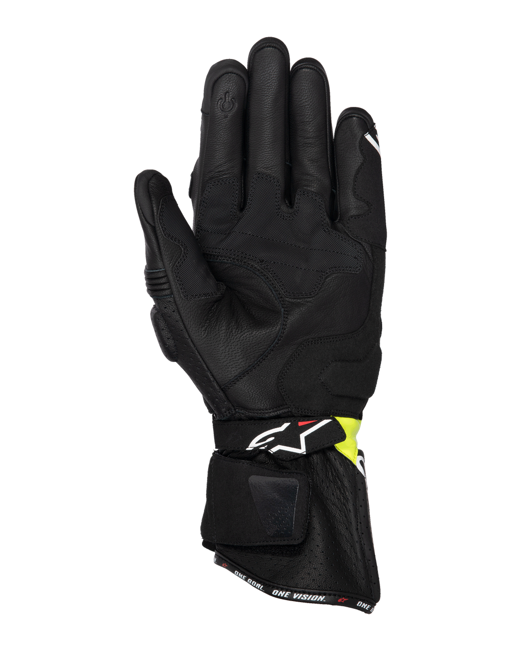 Gants Alpinestars SP-3, gants de moto de route, noir et jaune fluo, vue de la paume montrant la construction en cuir de chèvre, les renforts de paume rembourrés, la manchette longue avec sangle réglable et l'index compatible avec les écrans tactiles
