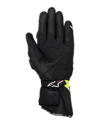 Gants Alpinestars SP-3, gants de moto de route, noir et jaune fluo, vue de la paume montrant la construction en cuir de chèvre, les renforts de paume rembourrés, la manchette longue avec sangle réglable et l'index compatible avec les écrans tactiles