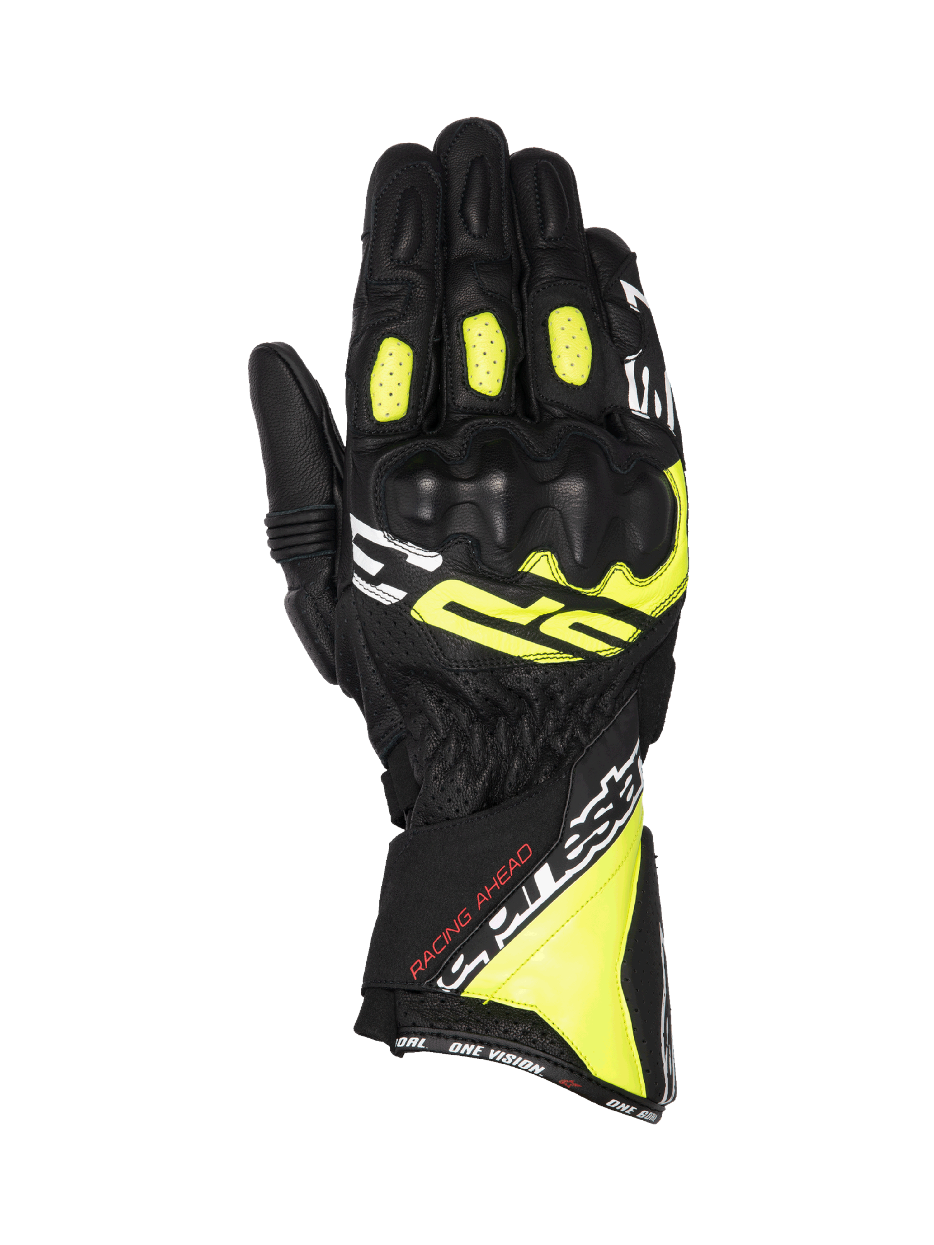 Alpinestars SP-3 handschoenen, racing motorhandschoenen voor heren, zwart en fluo geel leer met CE-gecertificeerde knokkelbescherming, lange manchet en voorgevormde constructie.