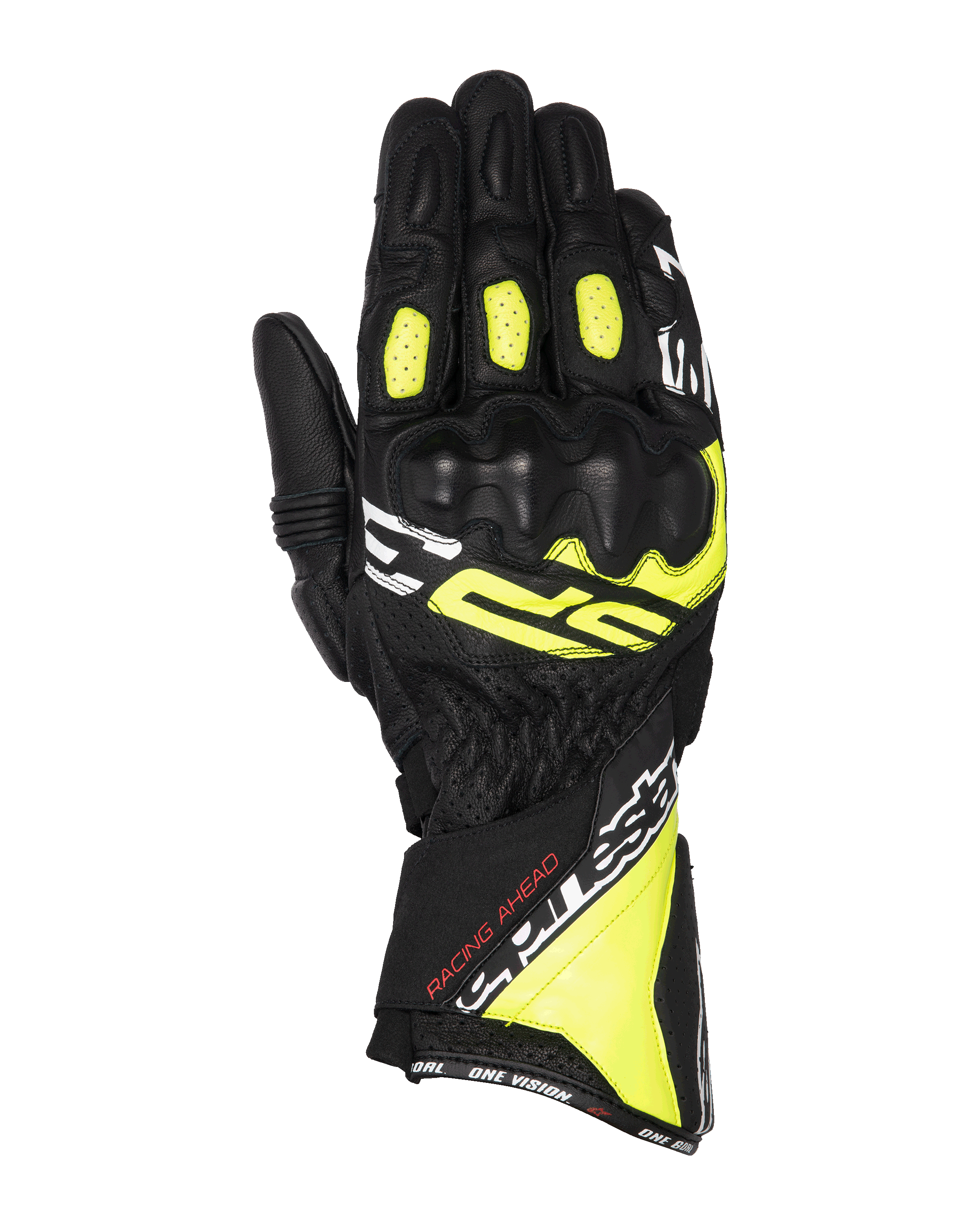 Gants Alpinestars SP-3, gants de moto racing, noir, jaune fluo et blanc, design à manchette longue avec protection renforcée des articulations, construction en cuir de chèvre intégral, panneaux accordéon sur les doigts et système de double fermeture sécurisé