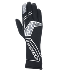 Alpinestars Tech-1 Start V4 Gloves FIA, gants de course automobile professionnels noirs, avec motifs géométriques blancs et gris et logo Alpinestars, manchette allongée pour une protection contre le feu et la chaleur, conception légère et pré-courbée pour le sport automobile