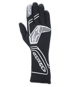 Alpinestars Tech-1 Start V4 Gloves FIA, gants de course automobile professionnels noirs, avec motifs géométriques blancs et gris et logo Alpinestars, manchette allongée pour une protection contre le feu et la chaleur, conception légère et pré-courbée pour le sport automobile