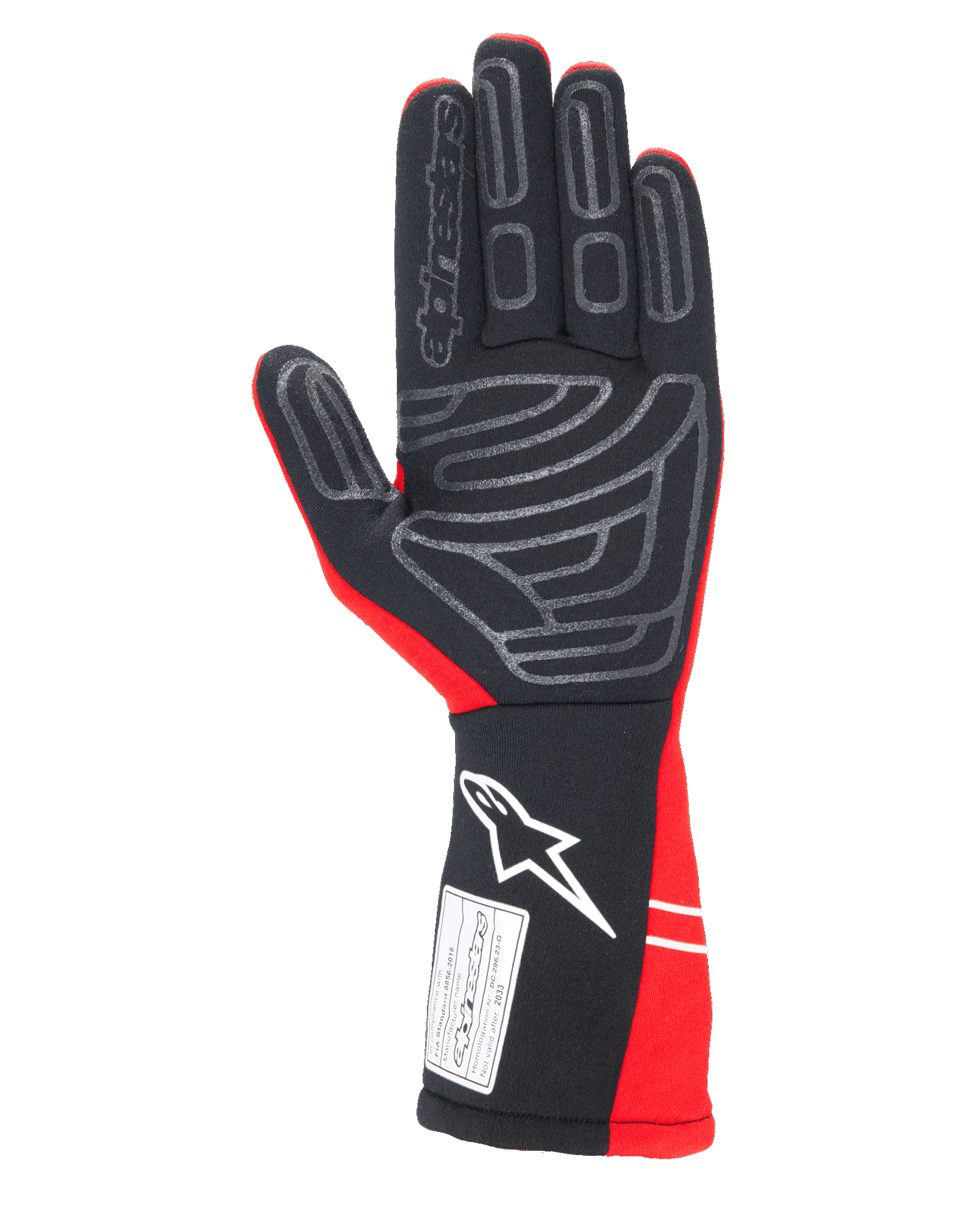 Gants Alpinestars Tech-1 Start V4 FIA, gants de course automobile, rouge et noir, vue de la paume avec motifs d'adhérence en silicone gris, logo Alpinestars blanc sur la manchette longue et étiquette de certification FIA 8856-2018