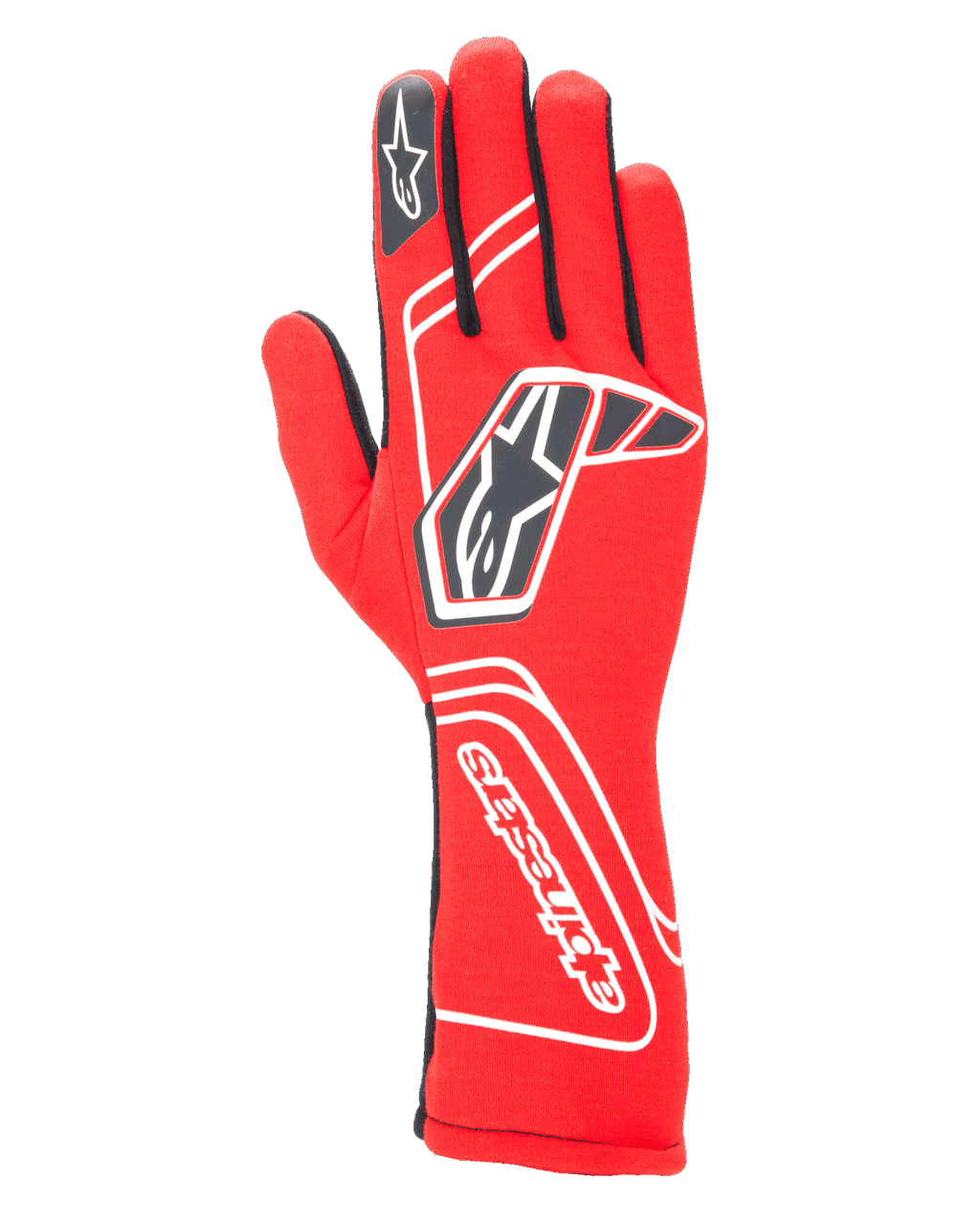 Gants Alpinestars Tech-1 Start V4 FIA, gants de course automobile, rouges avec détails noirs et blancs, logo étoilé proéminent sur le dos et nom de la marque sur la manchette, conception à manchette allongée, équipement de sport automobile professionnel