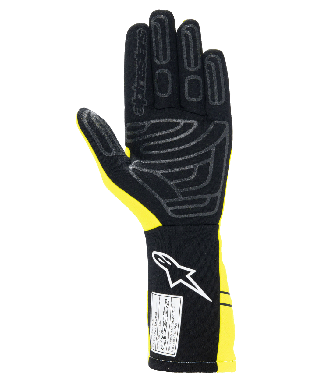 Gants Alpinestars Tech-1 Start V4 FIA, gants de course automobile, jaune fluo et noir, vue de la paume avec motifs d'adhérence en silicone, manchette allongée avec logo blanc et étiquette de certification FIA