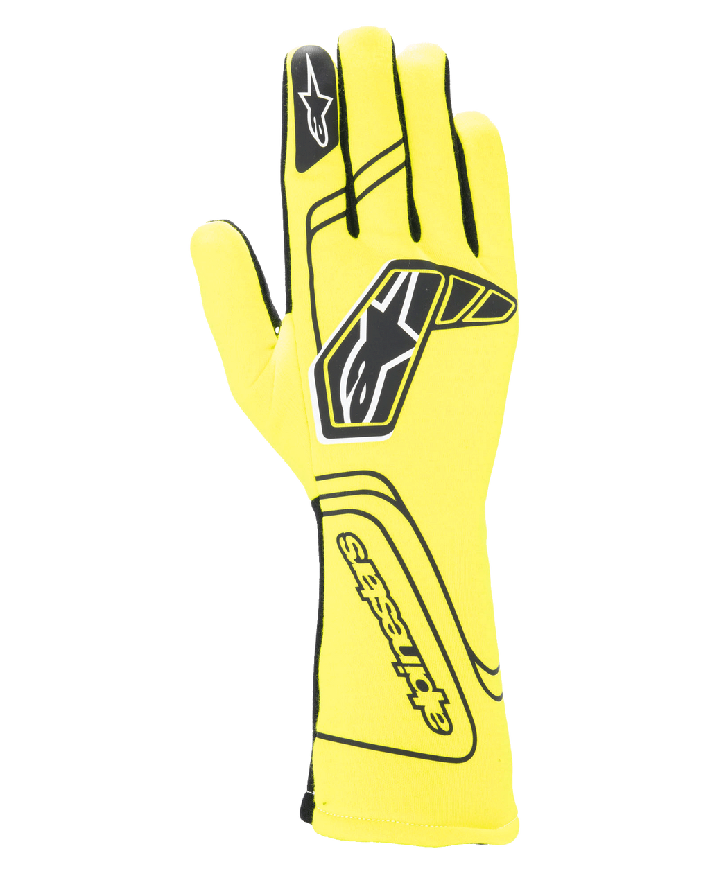Alpinestars Tech-1 Start V4 Gloves FIA, gants de course automobile, jaune fluo et noir, avec un grand logo étoile noir sur le dessus, construction des doigts sans couture et manchette allongée pour la protection contre le feu, équipement de sport automobile homologué FIA