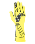 Alpinestars Tech-1 Start V4 Gloves FIA, gants de course automobile, jaune fluo et noir, avec un grand logo étoile noir sur le dessus, construction des doigts sans couture et manchette allongée pour la protection contre le feu, équipement de sport automobile homologué FIA