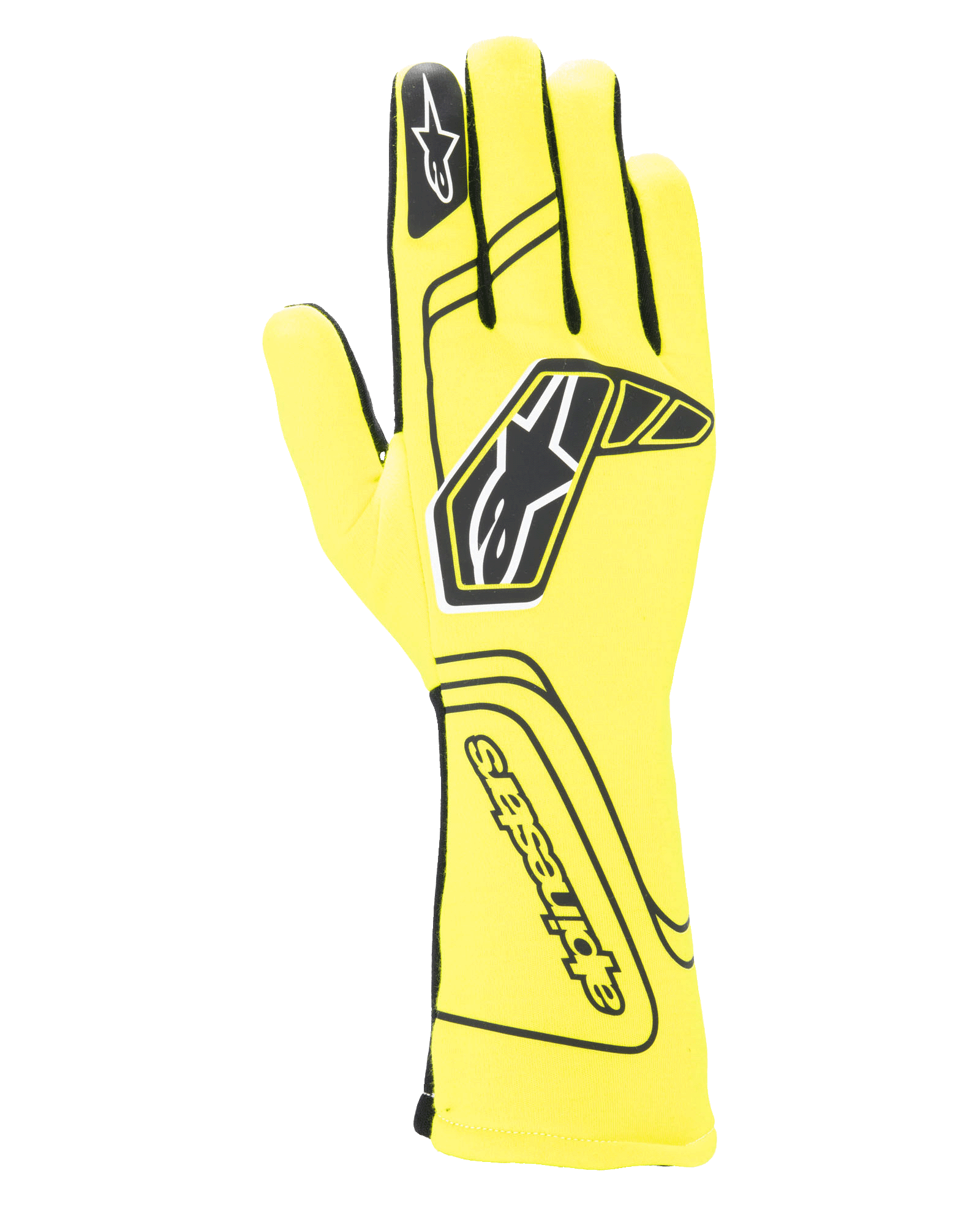 Alpinestars Tech-1 Start V4 Gloves FIA, gants de course automobile, jaune fluo et noir, avec un grand logo étoile noir sur le dessus, construction des doigts sans couture et manchette allongée pour la protection contre le feu, équipement de sport automobile homologué FIA