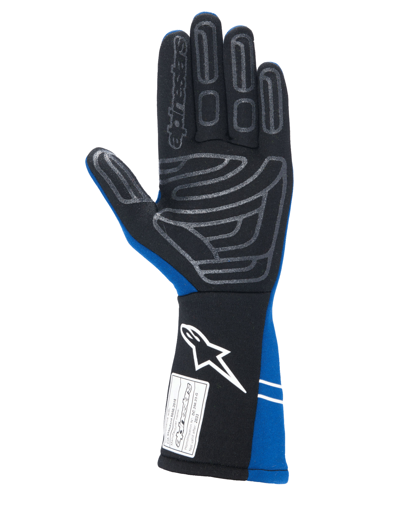 Gants Alpinestars Tech-1 Start V4 FIA, gants de course automobile, bleu royal et noir, vue de la paume avec motif d'adhérence en silicone gris sur les doigts et la paume, manchette allongée avec logo blanc et étiquette d'homologation FIA