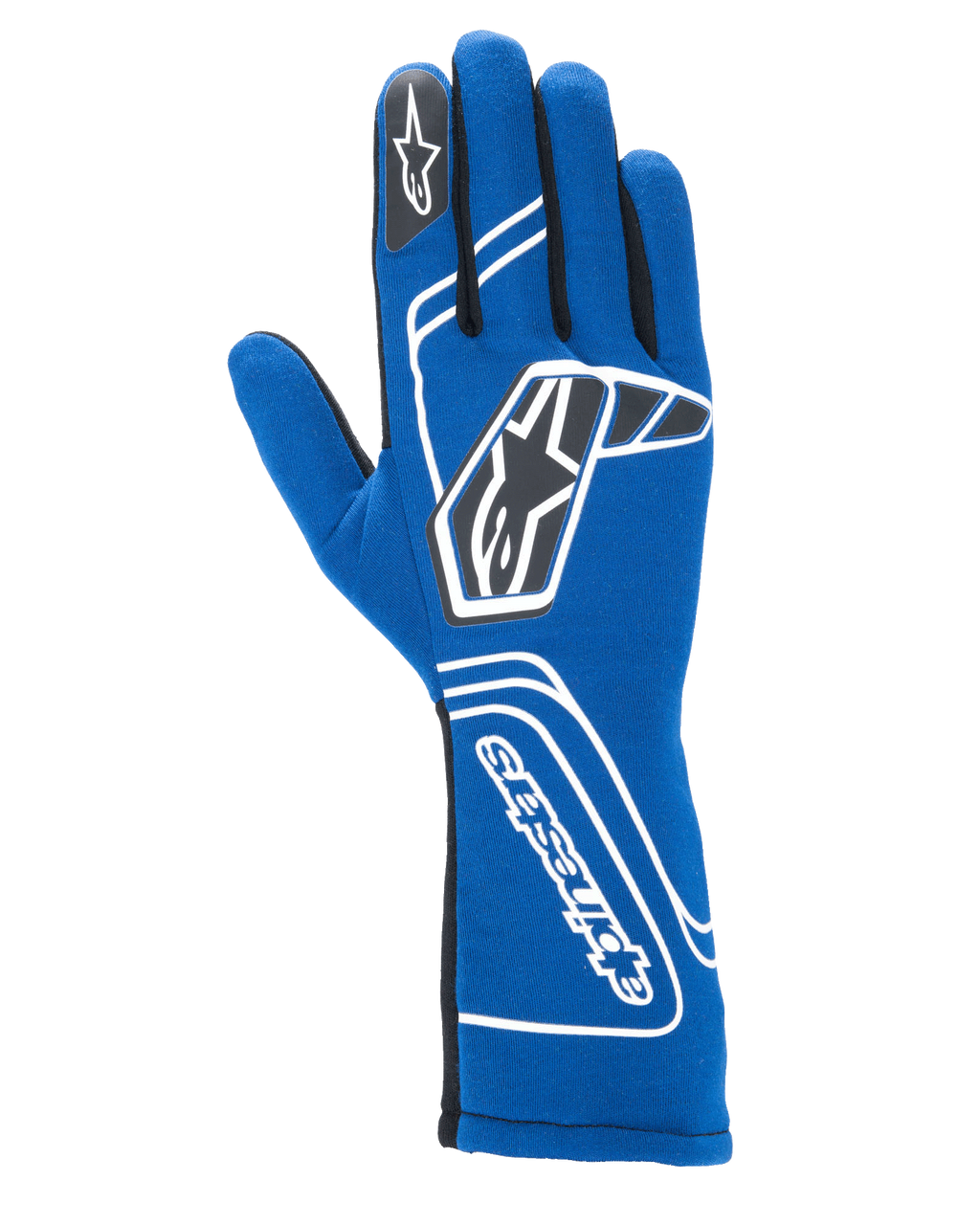 Gants Alpinestars Tech-1 Start V4 FIA, gants de course automobile, bleu royal, avec marquage géométrique blanc et logos d'étoile noirs, manchette allongée avec lettrage Alpinestars vertical, conception sans couture pour une performance légère, équipement de course professionnel homologué FIA