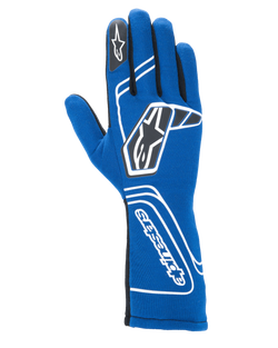 Alpinestars Tech-1 Start V4 Gloves FIA, Auto Racing Gloves, Royal Blue, featuring white geometric branding and black star logos, extended cuff with vertical Alpinestars text, sleek seamless construction for lightweight performance, FIA certified professional racing gear