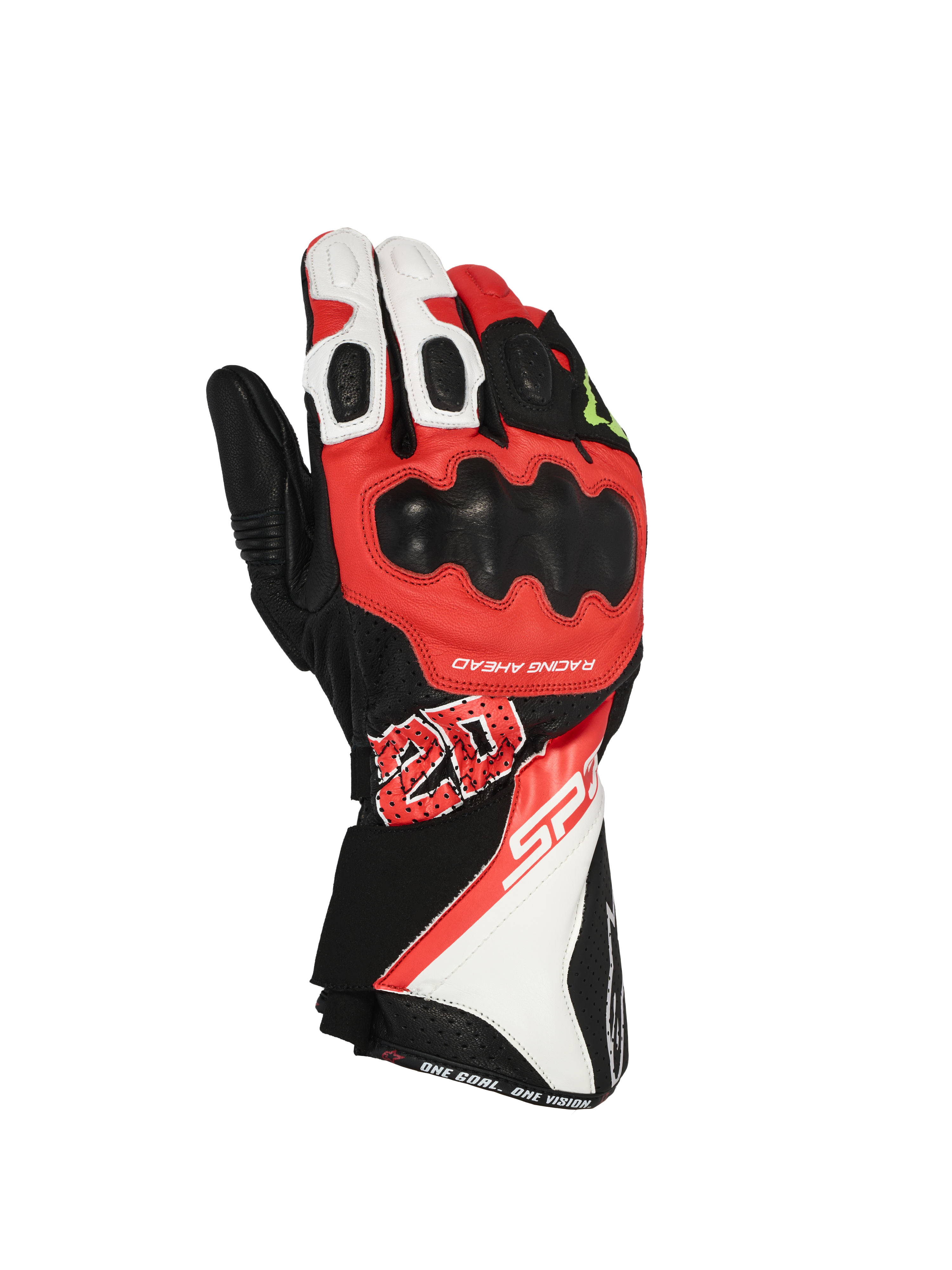 Alpinestars FQ20 SP-3 Monster handschoenen, motorracehandschoenen, zwart, rood fluo en wit, voorzien van een ontwerp met lange manchet, harde knokkelbescherming, opvallende '20' graphic en SP-3 branding, lederen constructie voor sport- en weggebruik