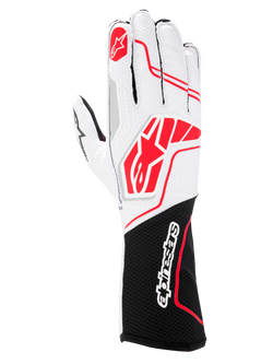 Alpinestars Tech-1 KX V4 Gloves, Karting Gloves, Black White Red, featuring a breathable white mesh upper with red Alpinestars logos and a black wrist cuff with white wordmark branding.