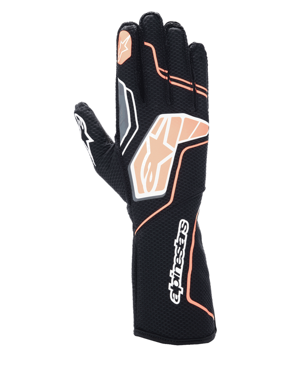 Alpinestars Tech-1 KX V4 Handschuhe, Kart-Handschuhe, Schwarz und Fluoreszierendes Orange, atmungsaktive Mesh-Konstruktion, orangefarbene und weiße Grafikdetails, Alpinestars-Logo auf den Knöcheln und der Manschette, professionelles Rennsport-Design