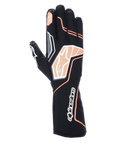 Alpinestars Tech-1 KX V4 Handschuhe, Kart-Handschuhe, Schwarz und Fluoreszierendes Orange, atmungsaktive Mesh-Konstruktion, orangefarbene und weiße Grafikdetails, Alpinestars-Logo auf den Knöcheln und der Manschette, professionelles Rennsport-Design