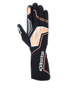 Alpinestars Tech-1 KX V4 Handschuhe, Kart-Handschuhe, Schwarz und Fluoreszierendes Orange, atmungsaktive Mesh-Konstruktion, orangefarbene und weiße Grafikdetails, Alpinestars-Logo auf den Knöcheln und der Manschette, professionelles Rennsport-Design