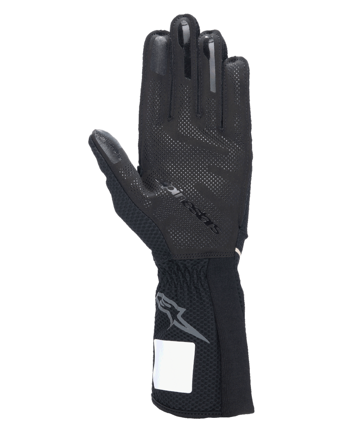 Alpinestars Tech-1 KX V4 Handschuhe, Kartsport-Handschuhe, Schwarz, Handflächenansicht mit 3D-Silikon-Grip-Muster, außenliegenden Nähten und gerippten Bündchen mit grauem Astars-Logo, professionelle Motorsport-Rennausrüstung
