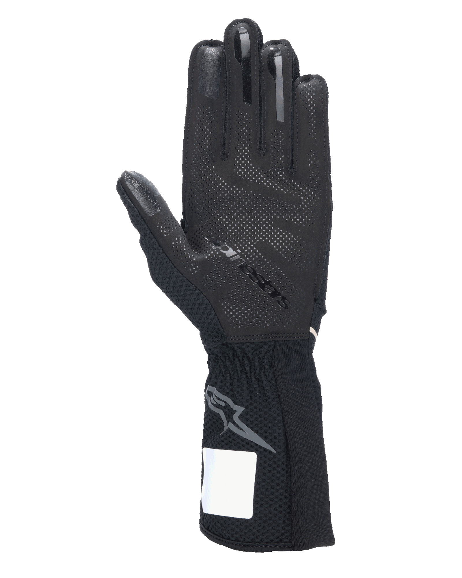 Alpinestars Tech-1 KX V4 Gloves, Karting Gloves, Black, palm view featuring 3D silicone grip patterning, external seams, and ribbed cuff with gray Astars logo, professional motorsport racing gear