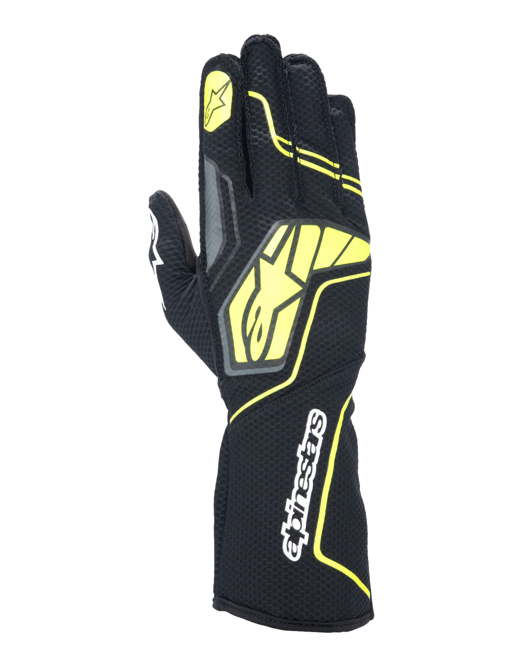 Gants Alpinestars Tech-1 KX V4, gants de karting, gris goudron, noir et jaune fluo, vue du dos de la main avec construction en maille respirante, grand logo Alpinestars jaune, inscription blanche sur le poignet, étoile jaune sur l'index, design sportif moderne